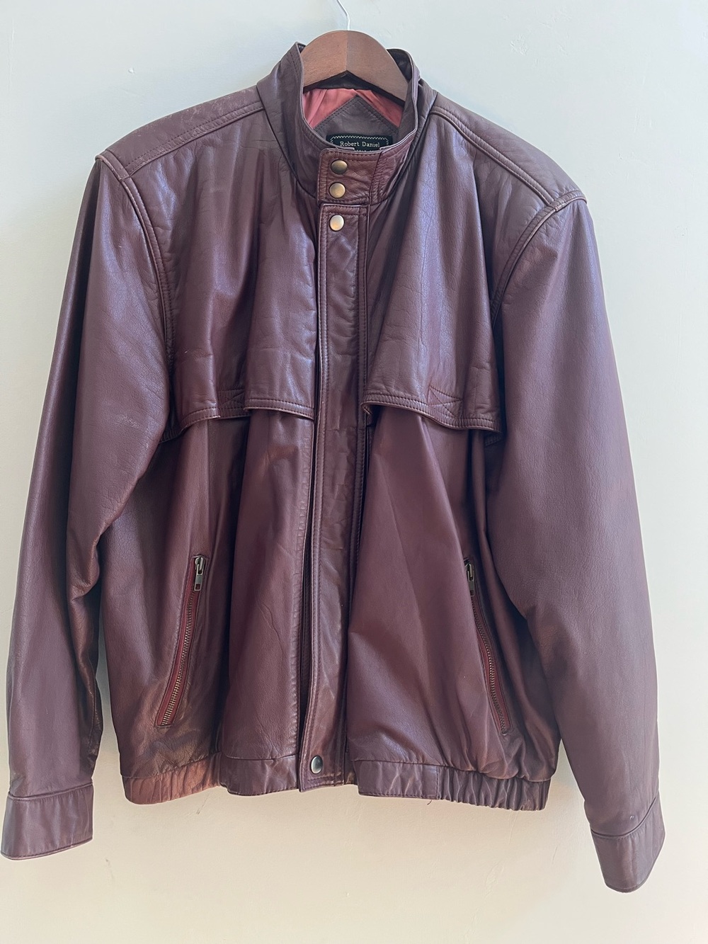 Burgundy Vintage Genuine Leather Bomber Jacket, size L